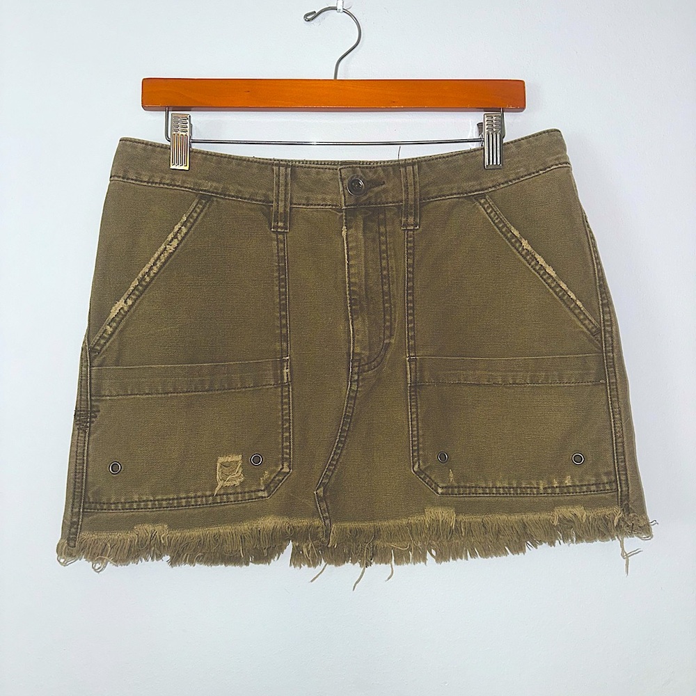 Free People Olive Green Frayed Denim Skirt